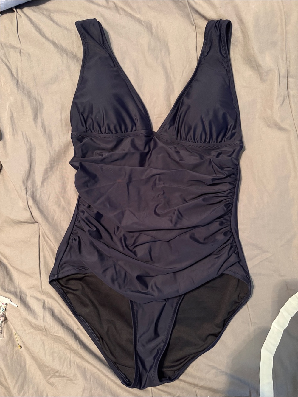 J. Crew Dark Navy V-Neck Ruched One-Piece Swimsuit